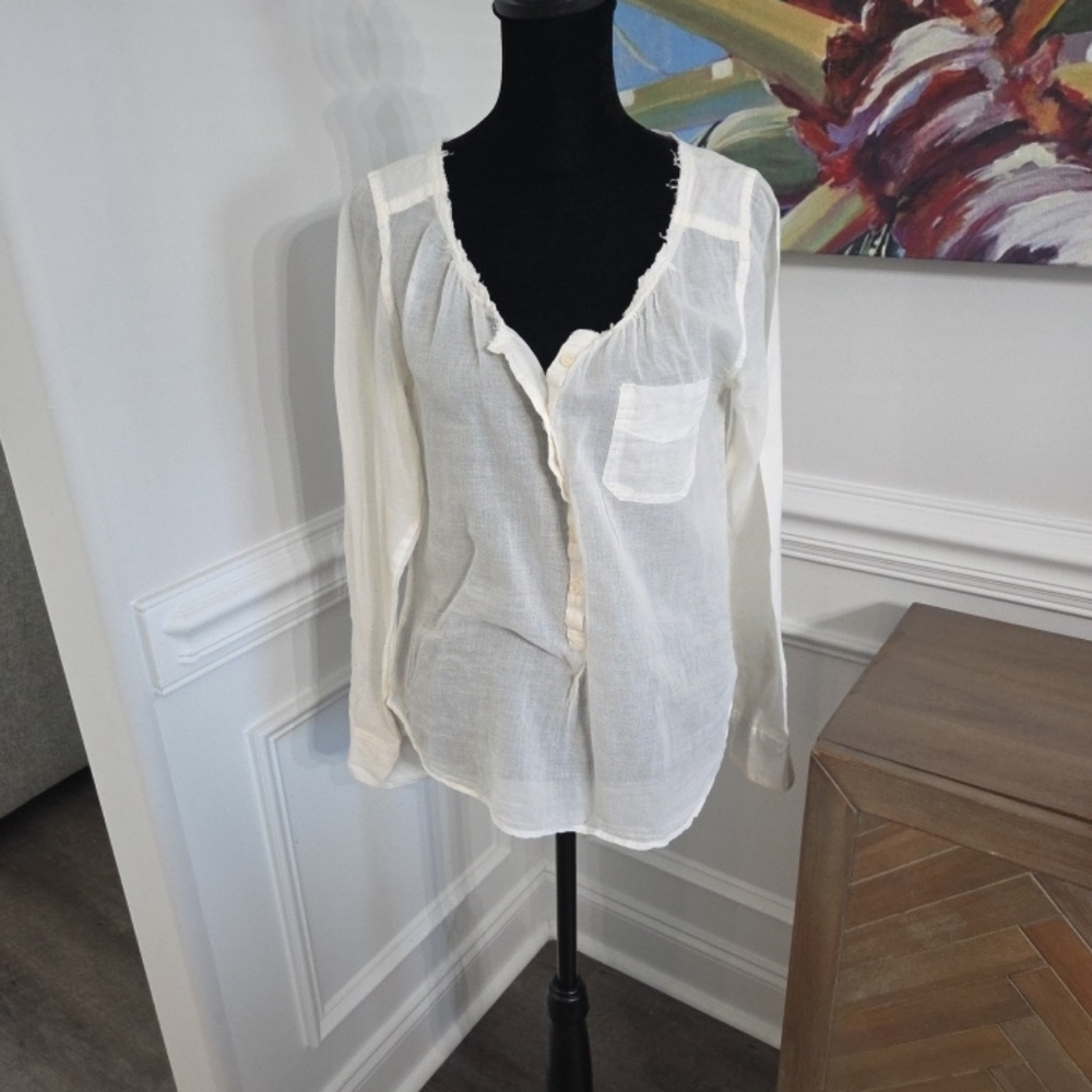 Women’s American Eagle Off White Semi Sheer Cotton Blouse Henley Size S